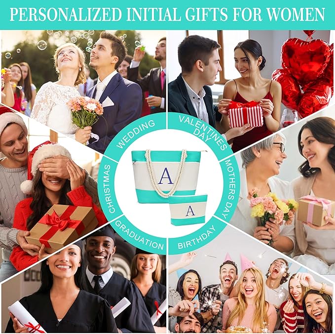 YOOLIFE Beach Bags for Women - Initial Tote Waterproof Bag with Makeup Bag, Mothers Day Gifts for Women Mom Friend Birthday-VerdiqueGarden