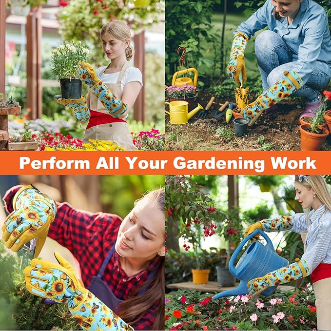 DLY Gardening Gloves for Women, Rose Gloves Gardening Thorn Proof, Long Garden Gloves for Women, Breathable Cowhide Leather Gauntlet (Medium, Blue)-VerdiqueGarden