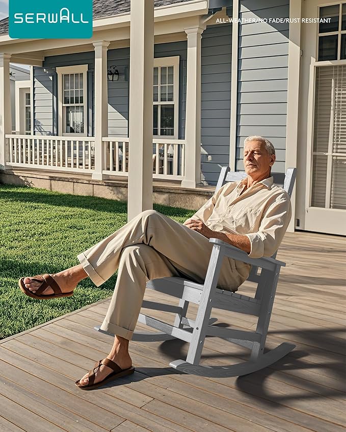 SEWALL HDPE Rocking Chair, Oversized Outdoor Rocking Chair for Adults, Patio Rocker for Porch, Sliver Gray-VerdiqueGarden