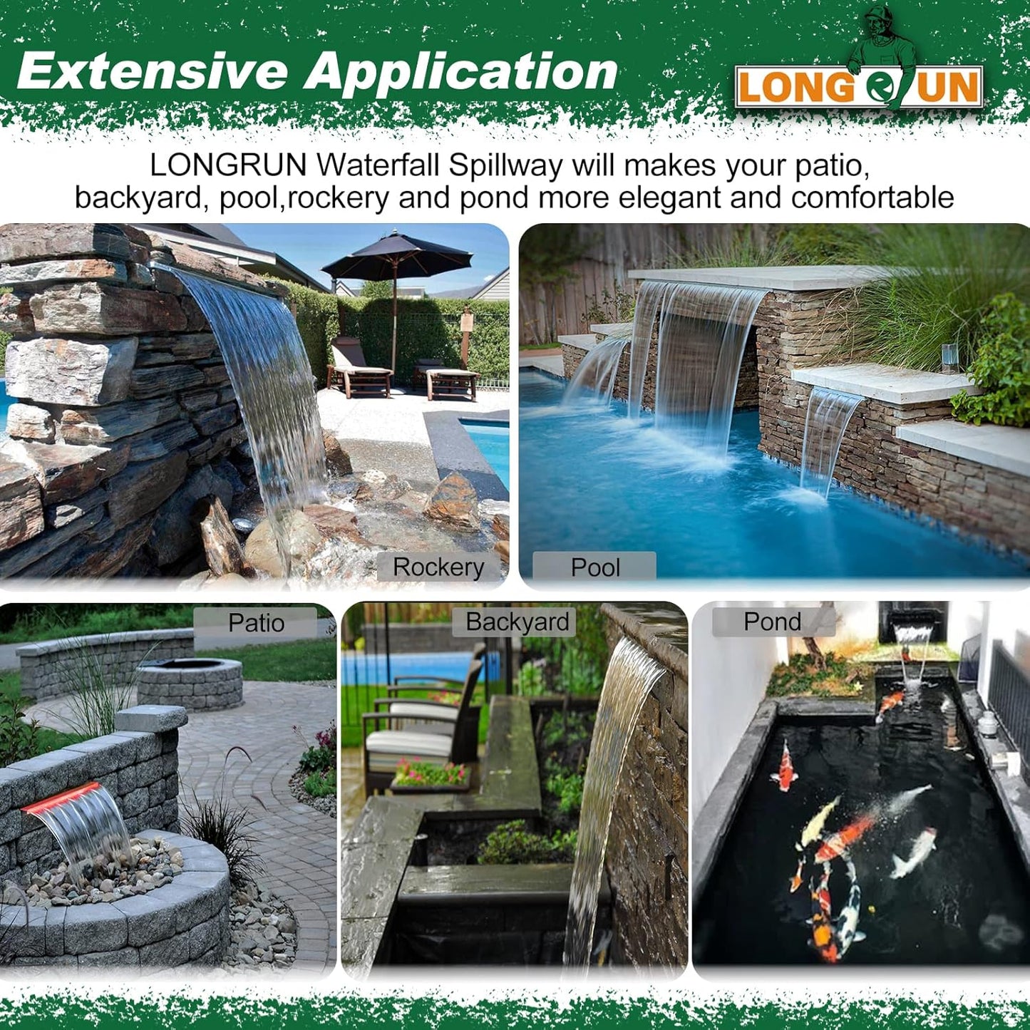 LONGRUN Waterfall Spillway, APP Control Multi-Color LED Light Outdoor Pool Fountain, Acrylic Water Spillway Koi Pond Waterfalls Fountains Kit for Garden Patio Swimming Pool Decoration-23.6"-VerdiqueGarden