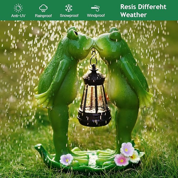 Solar Frogs Statue for Easter Garden Decor Solar Lantern LED Outdoor Decoration Figurines for Porch Patio,Yard,Lawn - Frog Gifts for Women Mom Grandma Wife (Kiss Frog)-VerdiqueGarden