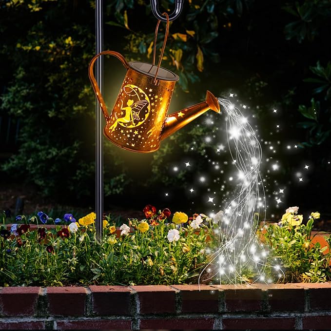 Big Solar Powered Watering Can Lantern & Moon Fairy Garden Decor Set Outdoor Waterproof Hanging Path Lights with Shepherd Hooks, Perfect Patio Decor Gardening Gift for Women, Mom, Grandma (Cool White)-VerdiqueGarden