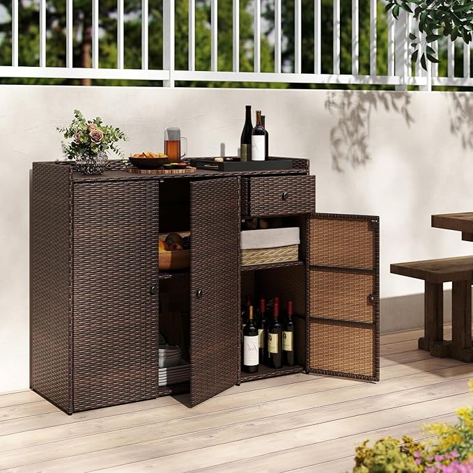 Tangkula Rattan Outdoor Storage Cabinet, Patiojoy Outdoor Cabinet with 4 Adjustable Shelves, 1 Drawer, 3 Doors, Patio Storage Deck Box Table for Patio Garden Poolside (Mix Brown)-VerdiqueGarden