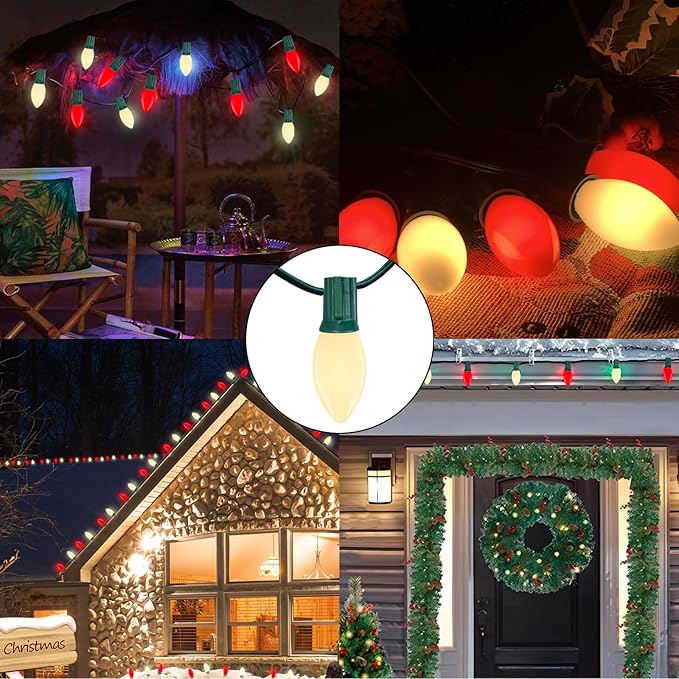 Red White LED Christmas Lights 25FT - Vintage C9 Outdoor String with 26 Bulbs, Extendable Commercial Holiday Decor for Roofline, Patio, Backyard & Parties-VerdiqueGarden