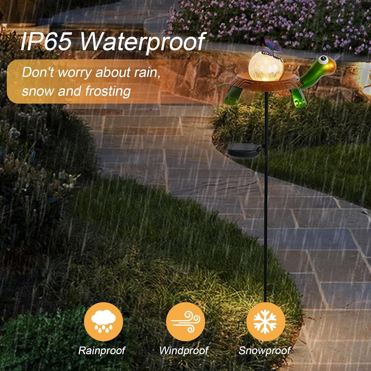 Afirst Solar Lights Outdoor Decorative Metal Turtle Crackle Glass Globe with Butterfly Warm White LED Metal Waterproof Garden Stake Lights for Walkway Pathway Lawn Patio Yard Decorations-VerdiqueGarden