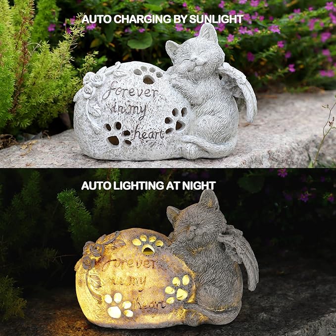 Cat Memorial Gifts Outdoor Statue with Solar Lights,Outdoor Resin Pet Ornament Grave Memorial Angel Decor Stone Effect-VerdiqueGarden