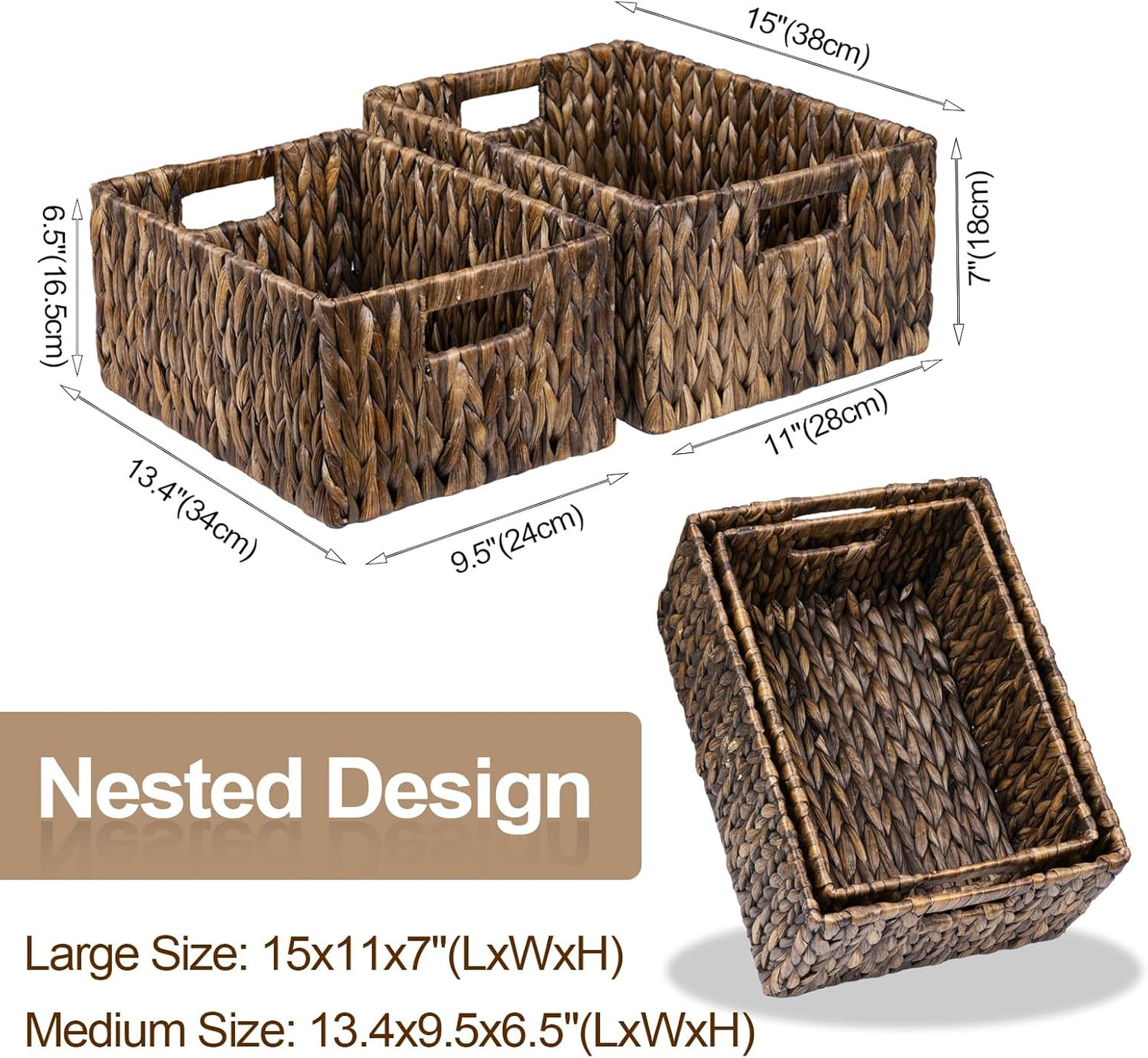 FairyHaus Wicker Basket with Handle 2Pack-15x11x7" & 13.4x9.5x6.5", Brown Water Hyacinth Wicker Baskets for Storage, Natural Hand Woven Baskets for Organizing-VerdiqueGarden