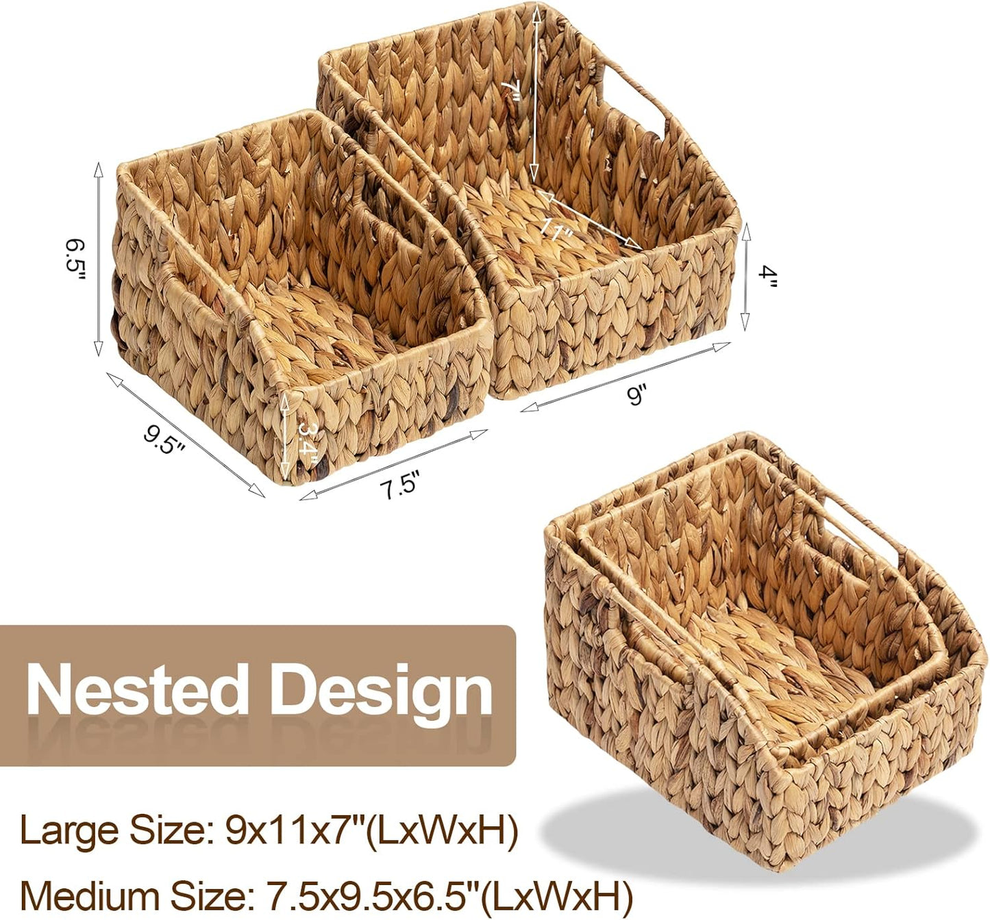FairyHaus Wicker Baskets 2 Pack, Natural Large Wicker Baskets for Storage, Nesting Hand-woven Water Hyacinth Wicker Baskets for Organizing with Built-in Handles, 9"L x 11"W x 7"H-VerdiqueGarden