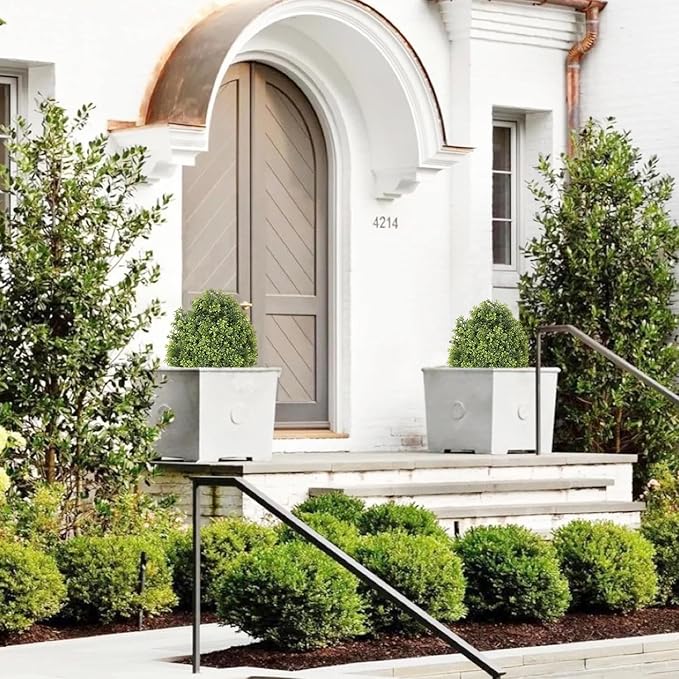THE BLOOM TIMES 2ft Faux Boxwood Plants Outdoor Set of 2, Topiary Balls Artificial Outside Trees, 24" UV Resistant Fake Greenery Bushes & Shrubs for Front Porch Planter-VerdiqueGarden