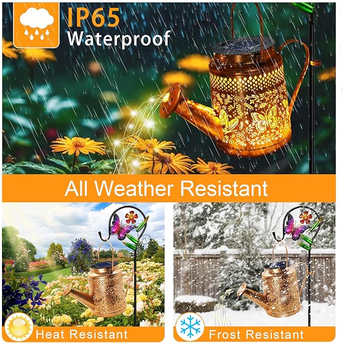 Solar Powered Butterfly Watering Can Lights Waterproof Outdoor Garden Decor with Shepherd Hook Hanging Patio Lights for Yard, Porch, Backyard Perfect Gardening & Birthday Gift for Women, Mom, Grandma-VerdiqueGarden