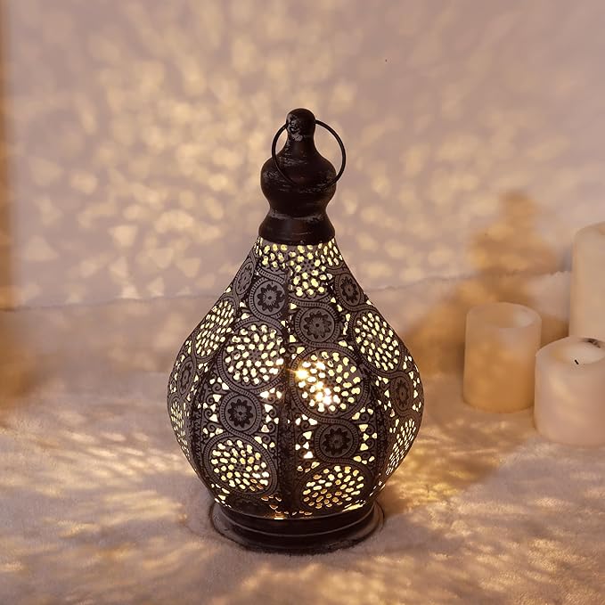 JHY DESIGN Moroccan Style Vintage Lantern Metal Table Lamp Battery Powered 11.5" Tall Cordless Lamp Desk Lamp with Edison Bulb for Living Room Bedroom Weddings Parties Garden Lounge Outdoor Indoor-VerdiqueGarden