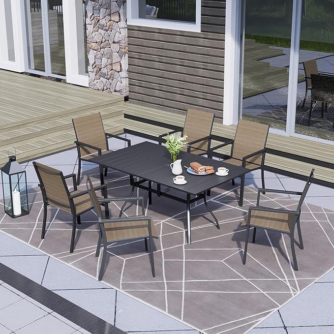 Outdoor Patio Table for 6 Person, Patio Dining Rectangle Table with 1.57" Umbrella Hole for Garden Lawn Backyard Parties, Black Metal Frame 63" L x 38" W x 28" H-VerdiqueGarden