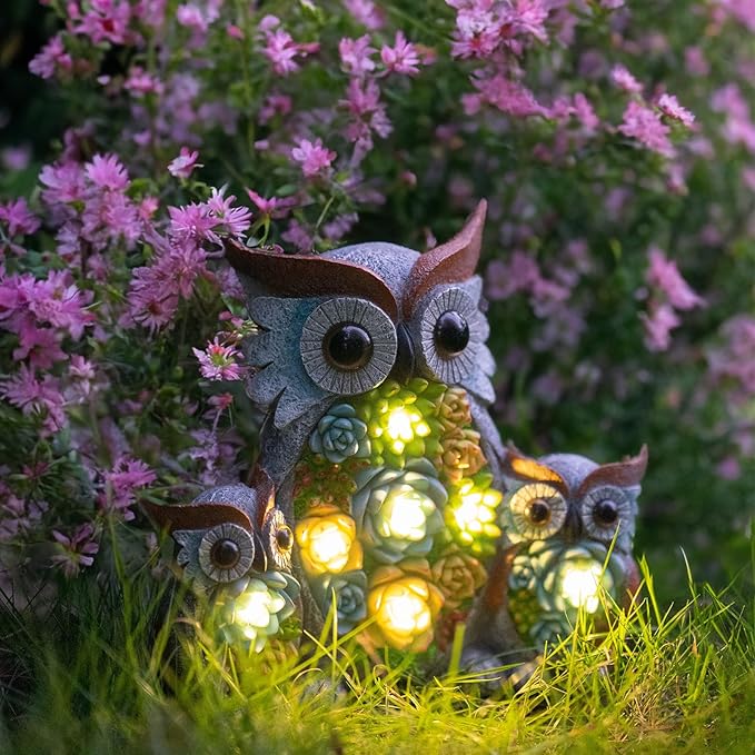Solar Garden Statue Lights Owl Figurine with LED Lights, Outdoor Garden Succulent Ornaments Waterproof Decoration for Outside Patio Yard Lawn Decor-VerdiqueGarden