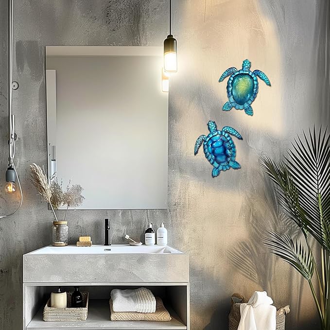 LIFFY Metal Turtle Wall Art Decor Ocean Wall Hanging Coastal Wall Sculptures Beach Theme Wall Decoration for Indoor Outdoor Bathroom Beach Garden Pool (10", 2 pcs)-VerdiqueGarden