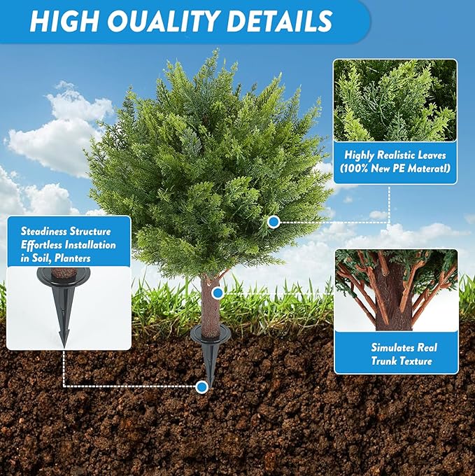 Artificial Cedar Shrub Ball Trees Two 15.8inch with Ground Spikes, can be Planted in The Ground and in pots, Outdoor Artificial Plants Resistant to UV Rays-VerdiqueGarden