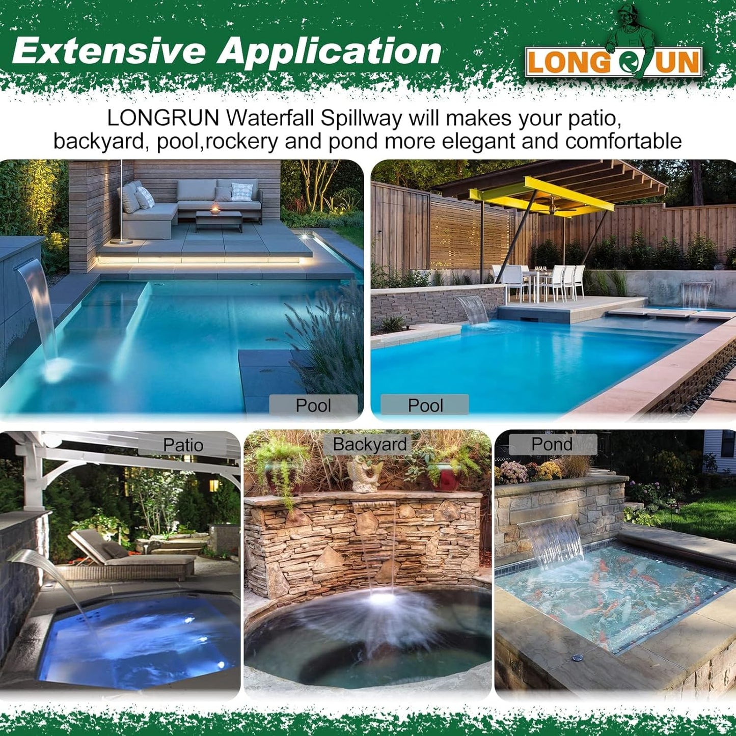 LONGRUN Acrylic Waterfall Spillway Multi-Color LED Light Pool Fountain, Water Spillway Outdoor Koi Pond Waterfalls Fountains Kit for Garden Koi Ponds Patio Swimming Pool Decoration-35.4"-VerdiqueGarden