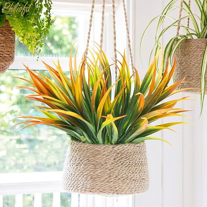 32 Pcs Artificial Grass Fake Plants 17.3in Outdoor Plastic Plants UV Resistant Greenery Fake Grass for Home Window Garden Office Patio Hanging Planter Pathway Front Porch Décor Orange Yellow-VerdiqueGarden