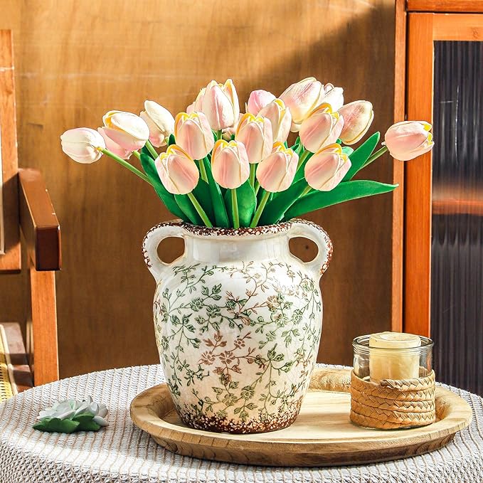 Enra Vintage vase,7.8 Inch Green and Beige Ceramic Decorative Flower vase, Chinoiserie Floral Vase,Large Rustic Vases for Home Decors, Living Room, Bookshelf, Office-VerdiqueGarden