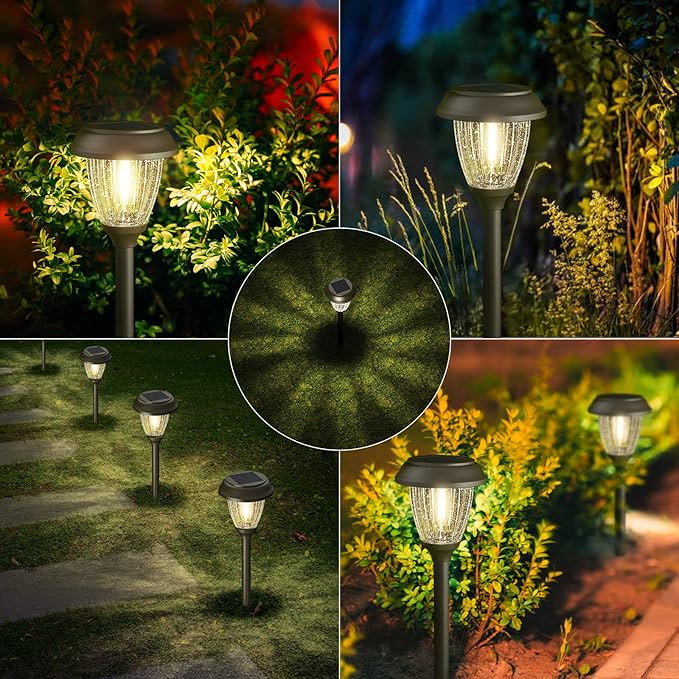XMCOSY+ Solar Lights Outdoor 10/25 LM LED with 2 Lighting Modes, Solar Garden Lights Glass and Metal, IP65 Waterproof Solar Powered for Yard Pathway Walkway Driveway Patio (6 Pack, Warm White)-VerdiqueGarden