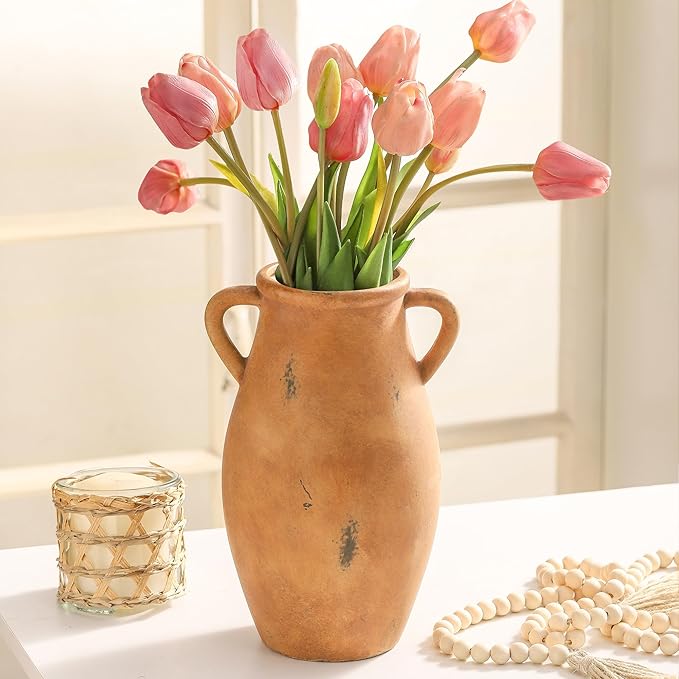 Large Ceramic Flower Vase,11.3 inch Terracotta Vase with 2 Handles, Rustic Farmhouse Vases, Decorative Pottery Flower Vases for Home Decor, Living Room Shelf Decor, Table-VerdiqueGarden