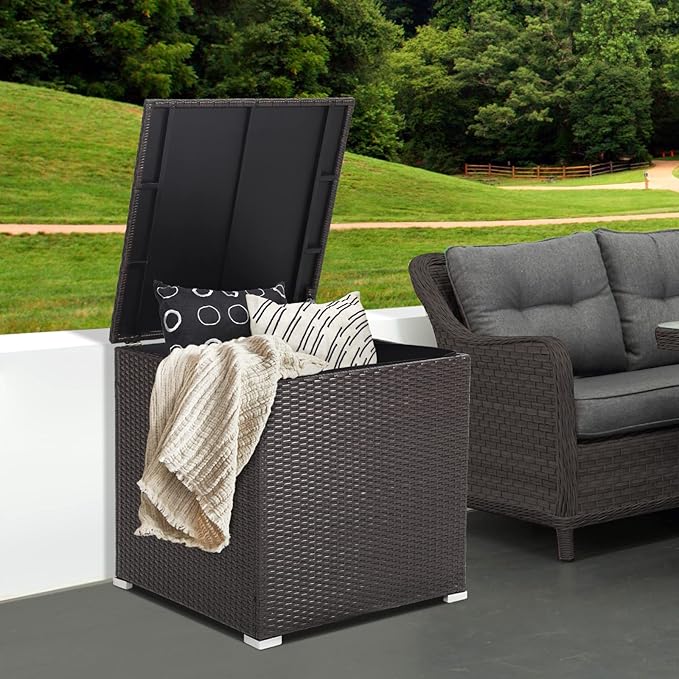 RELAX4LIFE Outdoor Storage Box 72-Gallon - Outside Wicker Storage Bin with Waterproof Zippered Liner, Gas Strut, Package Delivery Boxes for Outside, Accessories, Garden Tools Storage Deck Box-VerdiqueGarden