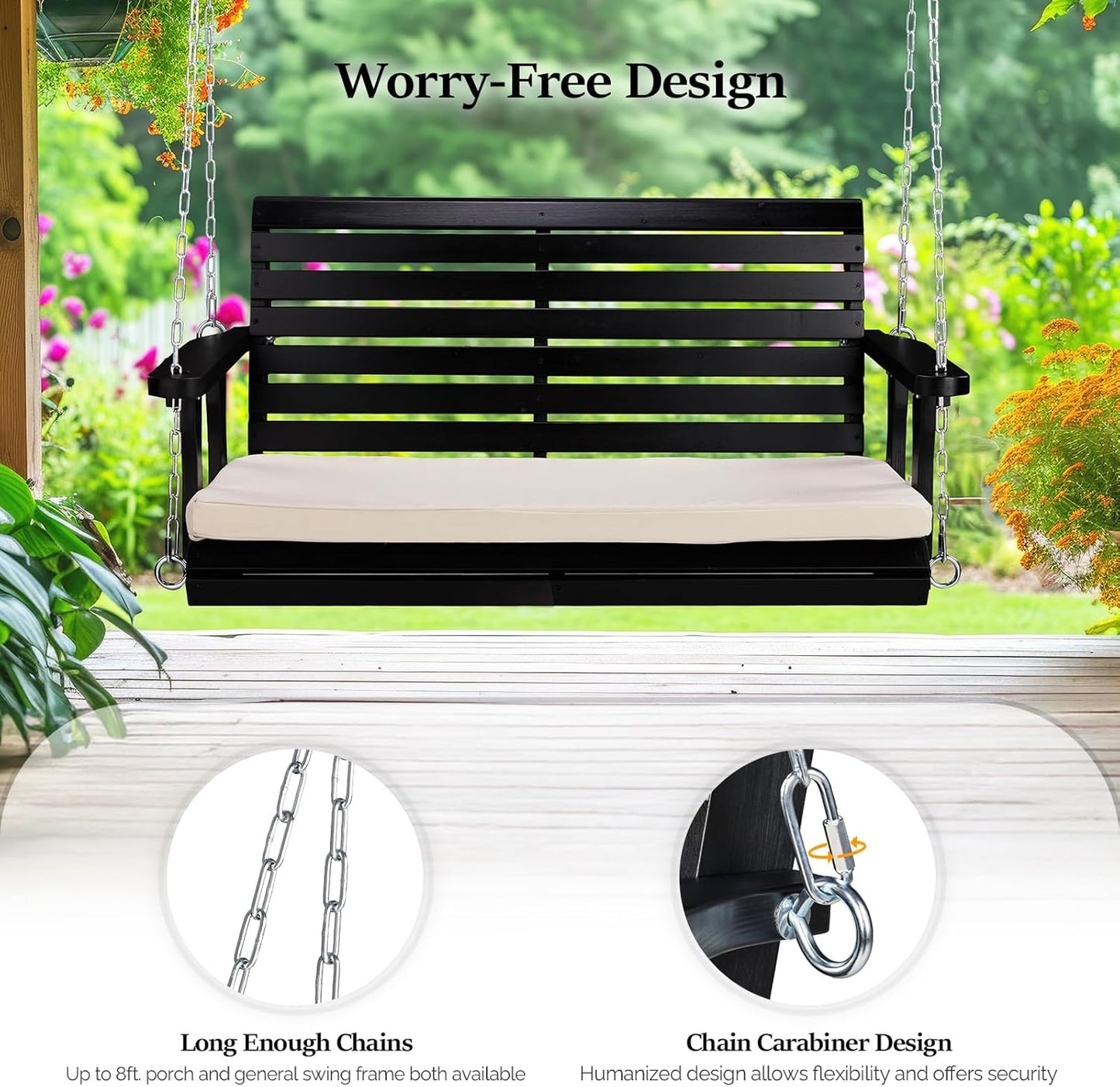 VINGLI Outdoor 4 FT Porch Swing, Heavy Duty 880 LBS Wooden Patio Swings with Cushions, Farmhouse Style Hanging Bench with Adjustable Chains for Yard | Garden | Lawn | Balcony, Black-VerdiqueGarden