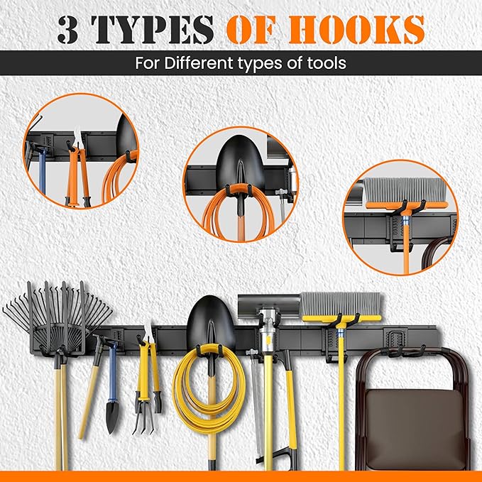 Garage Storage, Garage Organization, Garage Tool Organizer Wall Mount, Garden Tool Organization and Storage 48.1 Inches, Max 450lbs Adjustable Metal Hooks, Hangers Garden Yard Tool Rack,-VerdiqueGarden