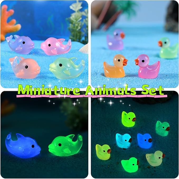 148Pcs Luminous Mini Resin Animals, Tiny Ducks Glow in The Dark Dolphins Dinosaurs Mushrooms 4 Combination Resin Set, Miniature Figures for Garden Decoration Aquarium Home Party Decor-VerdiqueGarden