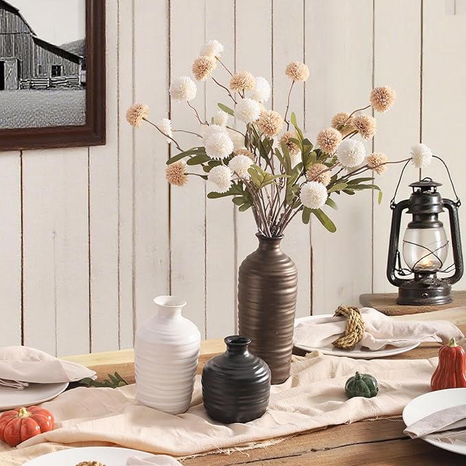 Ceramic Vase Set of 3 Neutral Decorative Vase for Farmhouse, Boho, or Rustic Home Decor Pottery Vases for Living Room Bathroom Table Mantel Fireplace Entryway Shelf (01-Metallic)-VerdiqueGarden
