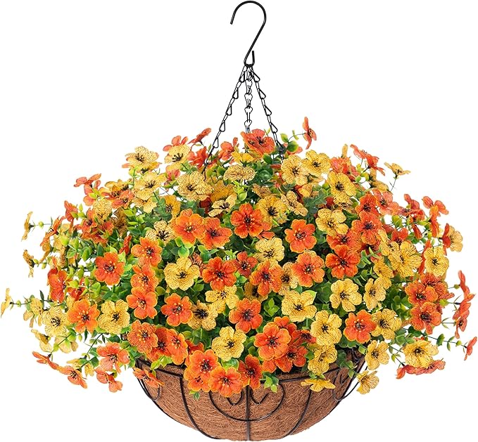 Artificial Fake Hanging Mums Plants Flowers Basket for Fall Autumn Outdoor Decor, Faux Silk Orange Dasiy Flower Look Real UV Resistant for Outside Porch Home Patio Garden Decoration-VerdiqueGarden
