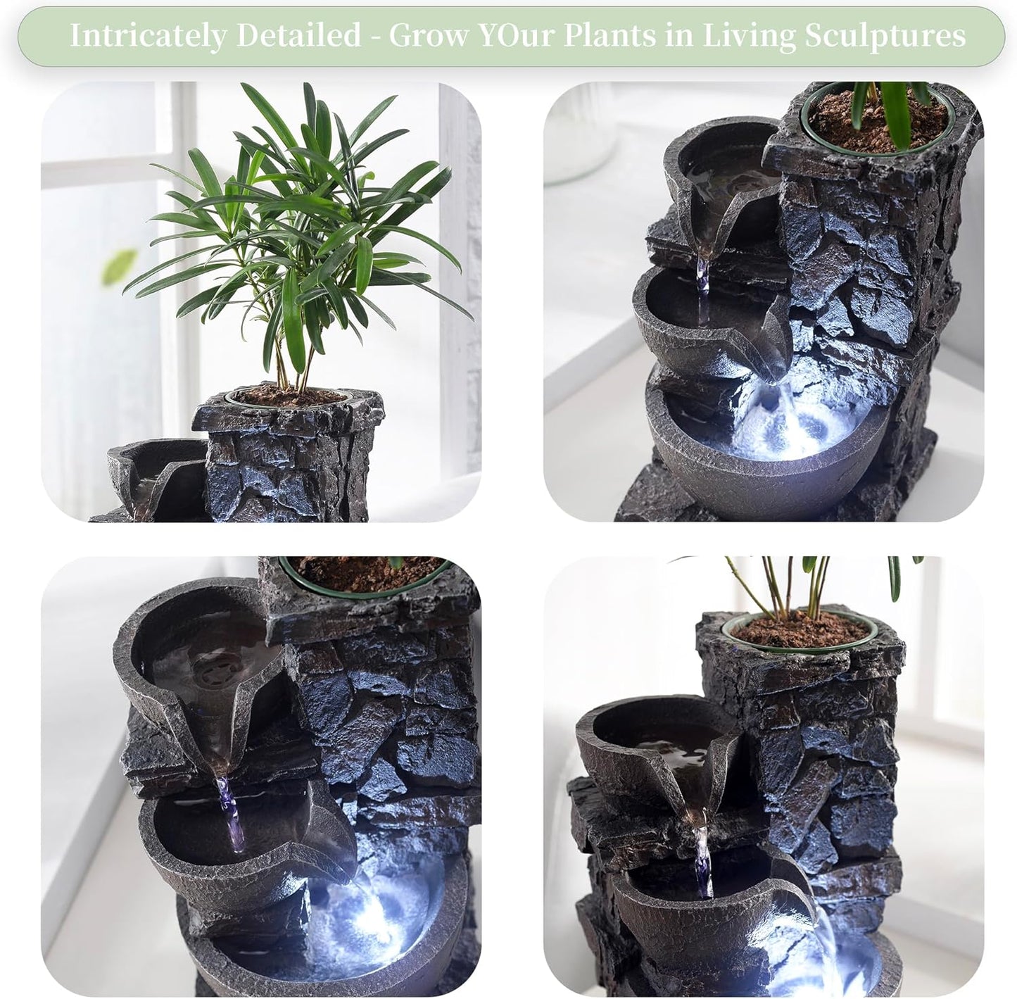 Indoor Tabletop Fountain Waterfall Meditation Exquisite Meditation Desk Water Decorative Zen Fountain Office and Home Decoration Grow Plant/Herbs by Yourself-VerdiqueGarden