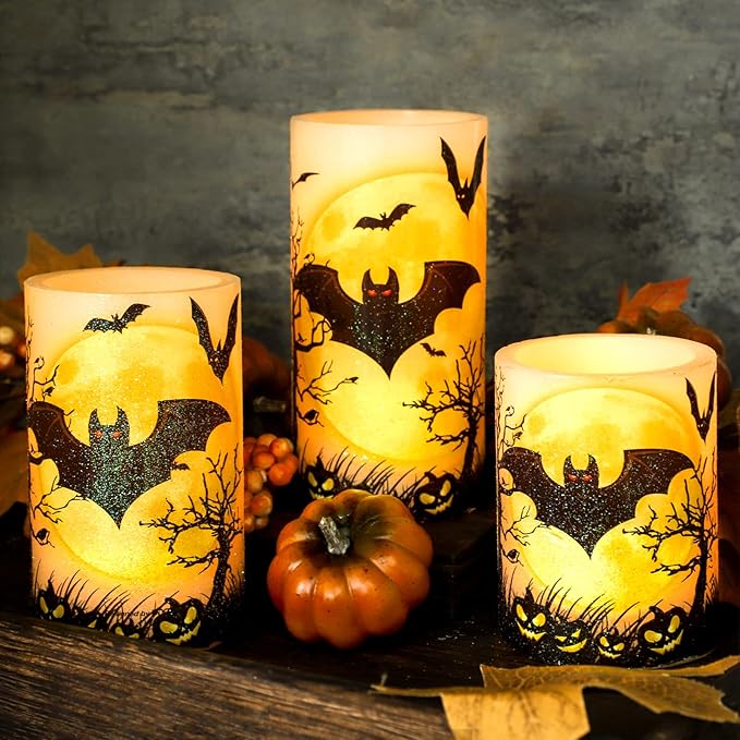 Halloween Decorations LED Candles with Bats Moon Big House Pumpkin Battery Operated Remote Timer Dim Glitter Design Real Wax Realistic Flickering Flameless Pillar for Horror Spooky Decor-VerdiqueGarden