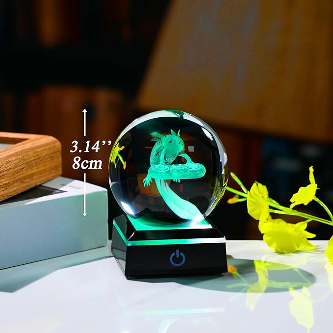 Axolotl Glass Animals Gamer Room Decor - 3D Crystal Ball Night Light Statue, 3.15'' Gamer Gifts for Kids-VerdiqueGarden