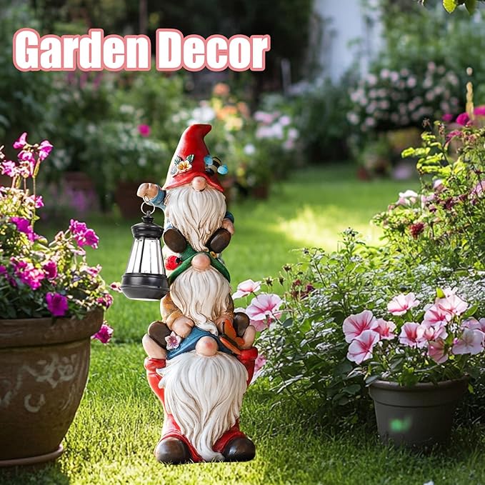 Garden Gnome Statue with Solar Lights Large Garden Sculptures Funny Triple Gnome Outdoor Patio Lawn Yard Balcony Garden Home Decor Gifts for Women Mom 12 in Spring Summer Gnomes Outdoor-VerdiqueGarden