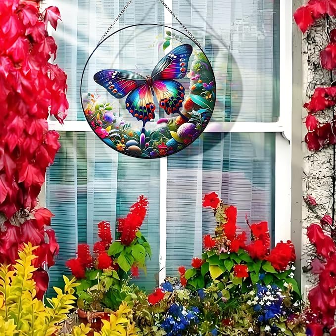 RIVEENY Butterfly Stained Glass Window Hangings, 8" Monarch Butterfly Hanging Stained Glass for Windows, Sun Catcher Garden Hangings Christmas Mother's Day, Valentine's Day Ornaments Festival Gift-VerdiqueGarden