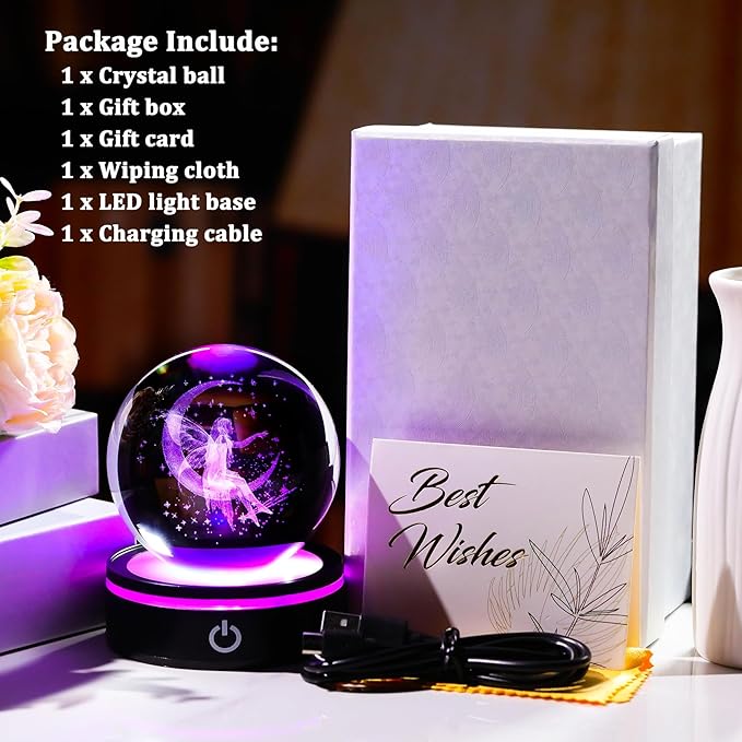 YWHL 3D Crystal Moon Figurine with Colorful LED Base, Laser Fairy Gifts for Women Girls on Christmas Birthday, Glass Globe Decorative Ball for Fairy Lovers Home Decor (80mm)-VerdiqueGarden