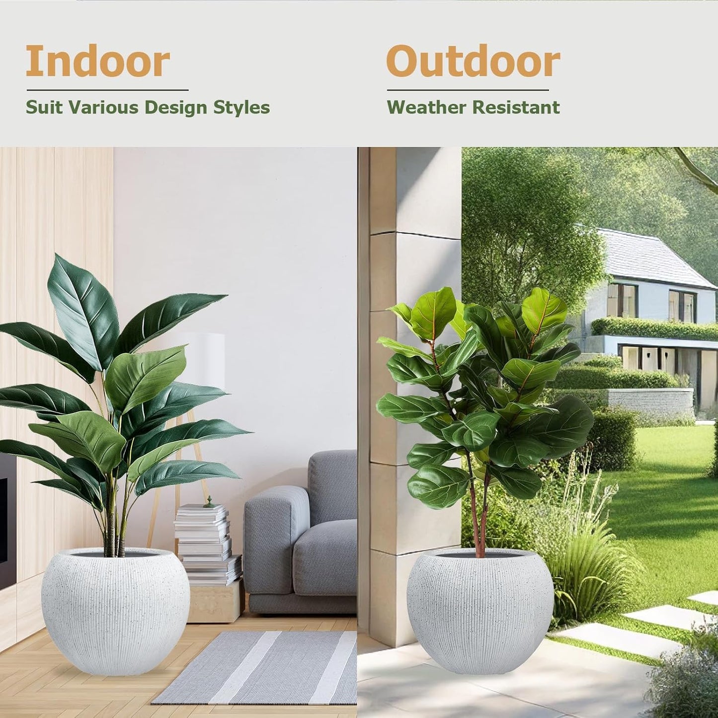 9.7" H x 12" D Globo Fiberstone Round Planter with Drainage Hole, Weather Resistant, Ribbed Finish, Planters for Indoor Plants & Outdoor, Extra Coco Mats (Speckled White, 7.8" Pot Opening)-VerdiqueGarden