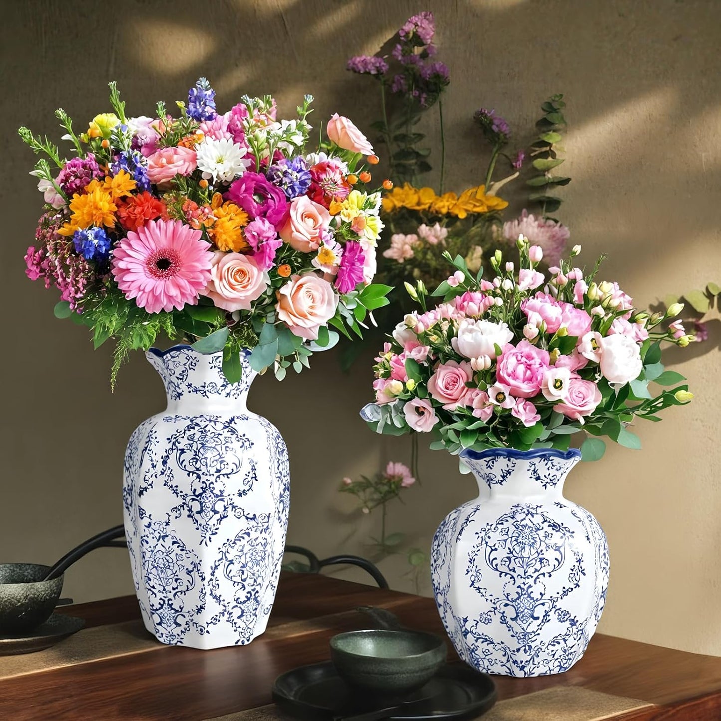 Chinoiserie Vase,Blue and White Vase,Vintage Ceramic Vases,Flower Vase for Centerpiece,Chinese Cute Vases for Living Room, Office,Home Decor (Blue White, Large)-VerdiqueGarden