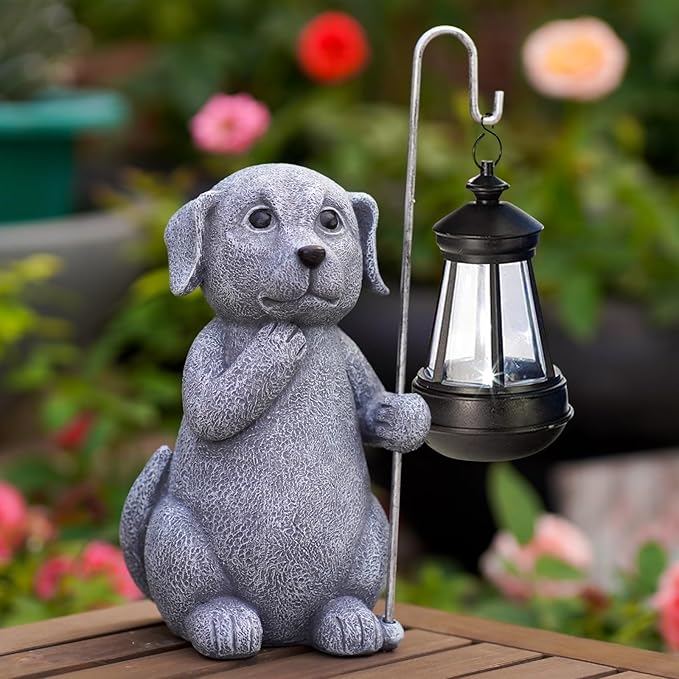 Dog Statue with Solar Lantern - Outdoor Decor Dog Figurines for Garden Lawn Patio Balcony, Outdoor Statues Unique Gifts for Women Moms Grandma-VerdiqueGarden