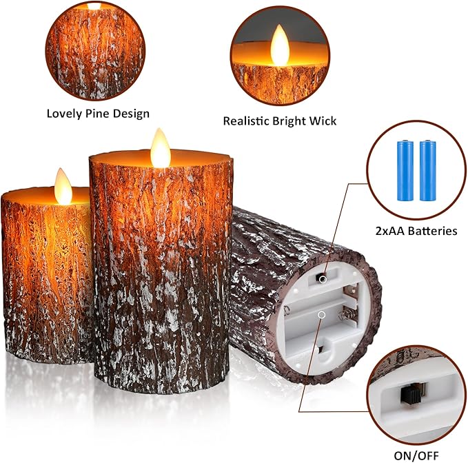 JOSU LED Flameless Candles Pine Bark Effect, Battery Operated Candles with Remote Control, LED Fake Candles, 4" 5" 6" Pack of 3, for Wedding Decor, Table Decor, Home Decoration Gifts (Pine Bark)-VerdiqueGarden