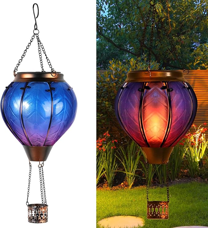 Hot Air Balloon Solar Lantern with Flickering Flame Hanging Solar Lights Outdoor Waterproof Lanterns for Garden Patio Yard Party Decoration Blue&Pink-VerdiqueGarden