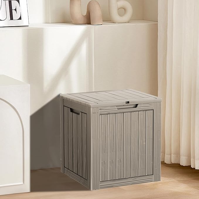 35 Gallon Resin Deck Box, Waterproof Outdoor Storage Bin for Patio, Poolside, and Garden, Lockable & UV-Resistant,Grey-VerdiqueGarden