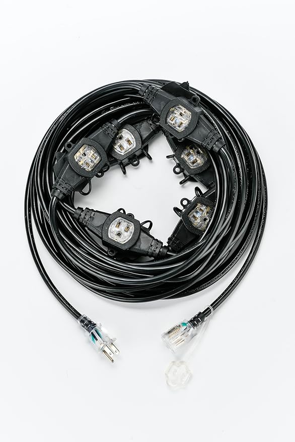 50FT 14 Gauge Heavy Duty Multi-Outlet Extension Cord, 7 Evenly Spaced Weatherproof Outlets, Great for Stage Backdrops, Landscape Garden Lighting, Christmas Halloween Decorations ETL-VerdiqueGarden