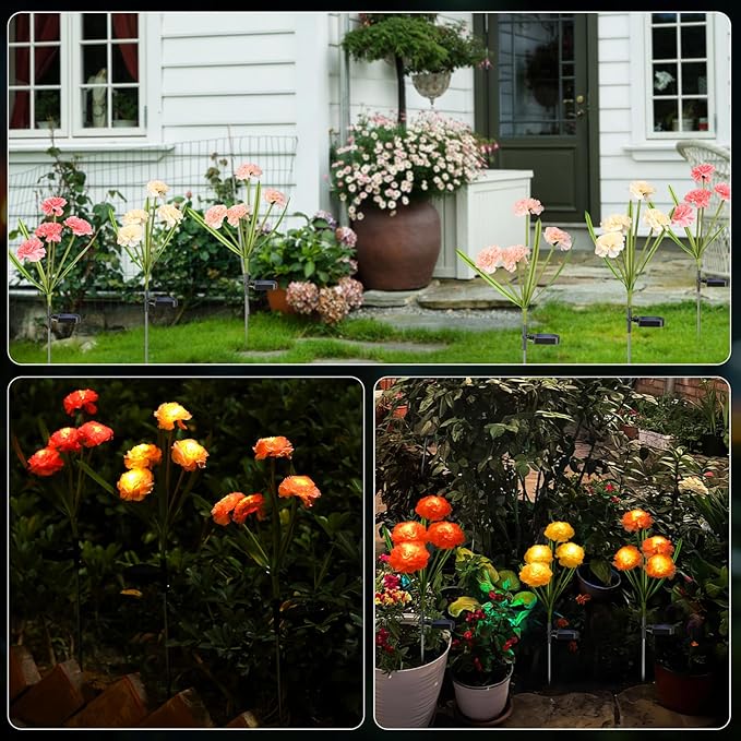Solar Flowers Outdoor Waterproof, Solar Carnation Stake Lights Outside with 12 Real Looking Flowers for Yard Decorations Outdoor, Front Yard, Garden, Flower Bed, Lawn, Patio Decor (3 Pack)-VerdiqueGarden