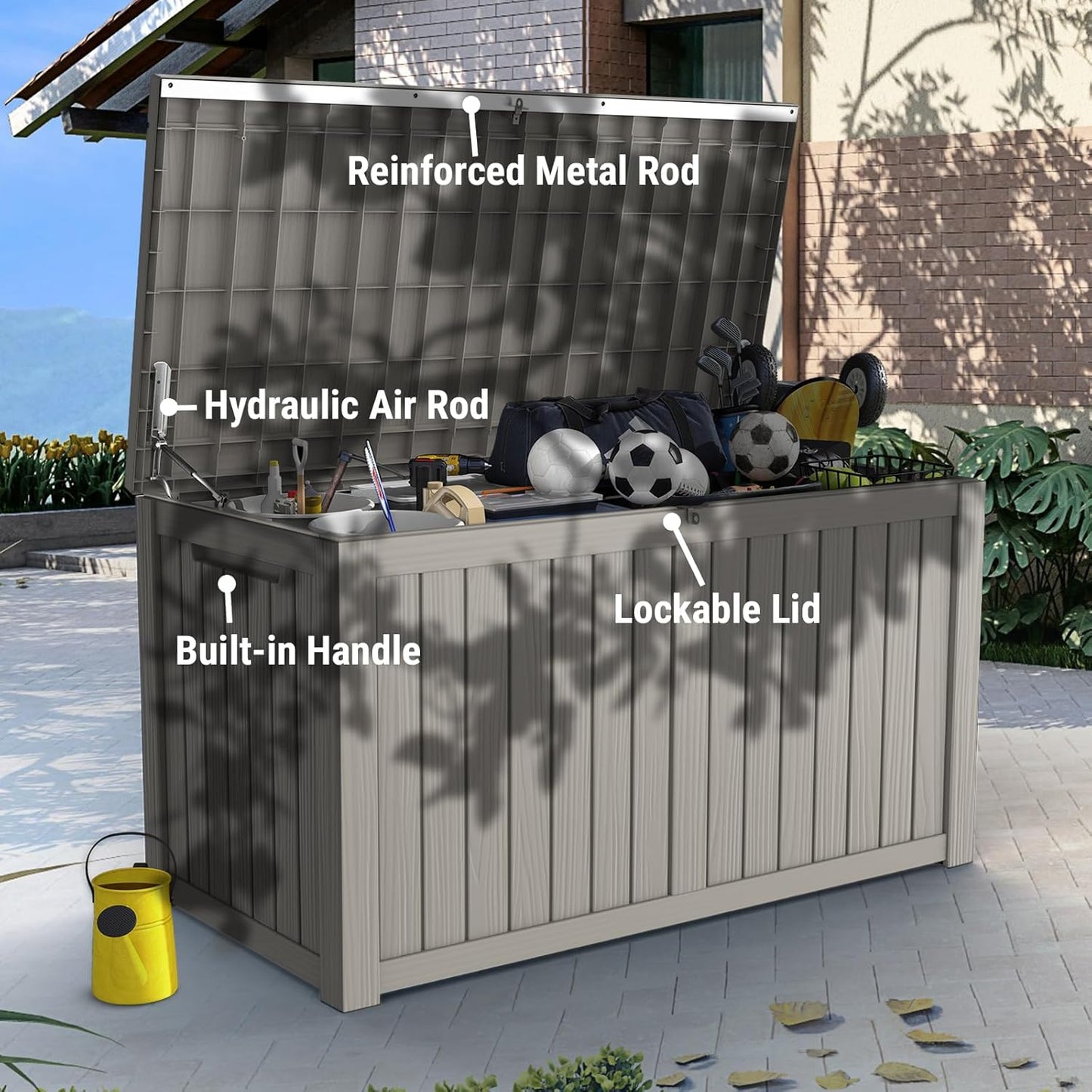 Mars Villa 180 Gallon Outdoor Storage Box Waterproof, Extra Large Resin Deck Box, Outside Storage Bin for Patio Furniture Cushion, Pool Supply, Sports Gear, UV Resistant and Weatherproof, Greige-VerdiqueGarden