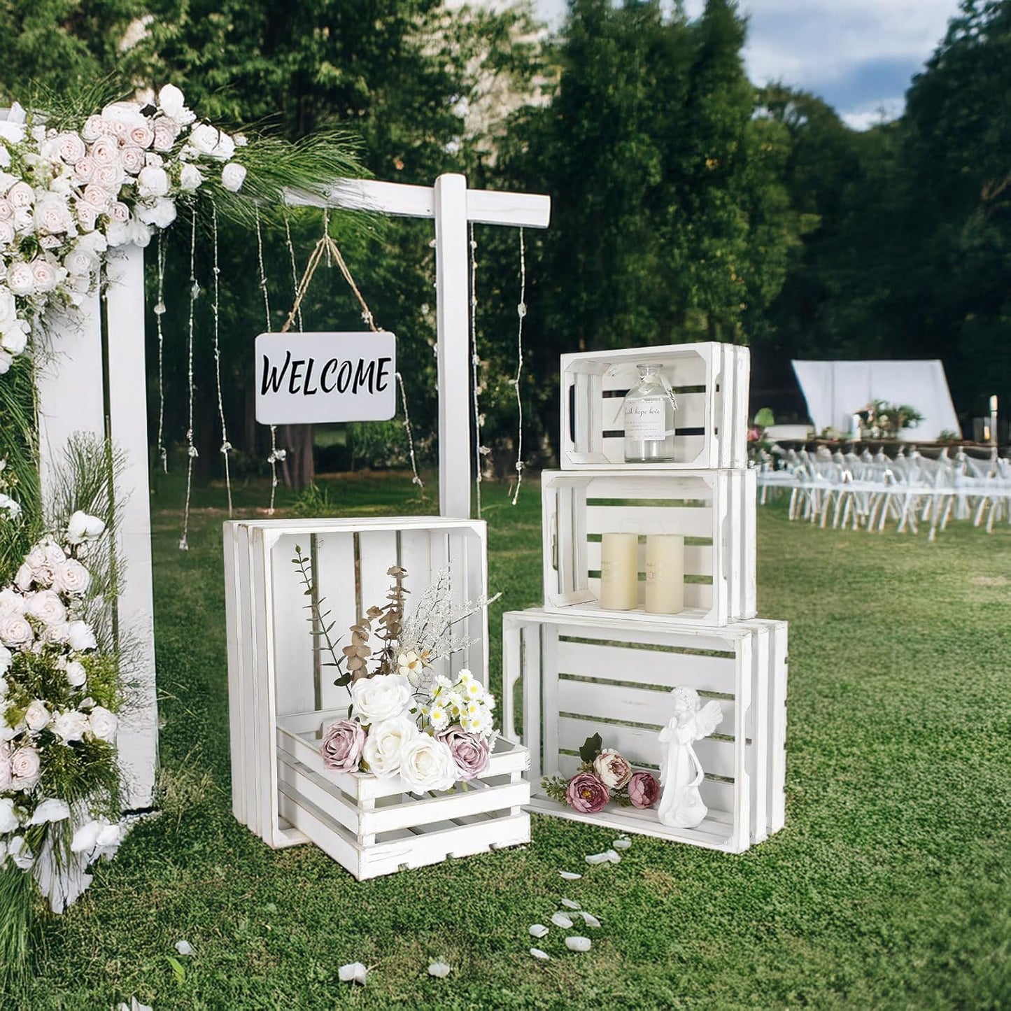 5-Piece Farmhouse Wooden Crate Set - Rustic Wooden Crates for Display and Storage, Large Whitewashed Decorative Crates, Farmhouse Apple Crates, Painted Wood Crates for Decor-VerdiqueGarden