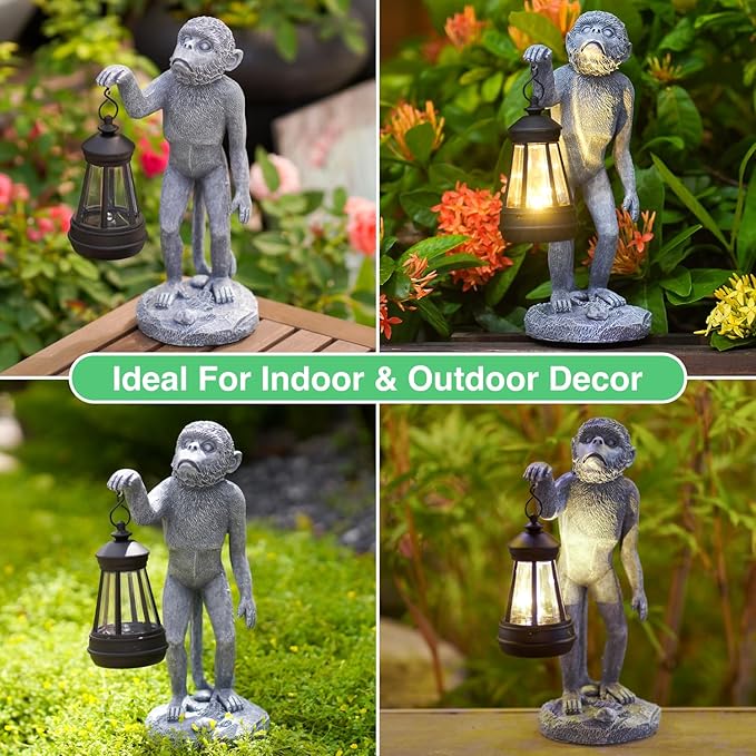 Garden Statue Monkey Figurine - Monkey Decor with Solar Powered Led Lights for Patio Lawn Balcony Yard - Ideal Gift for Women Moms Grandma Housewarming-VerdiqueGarden
