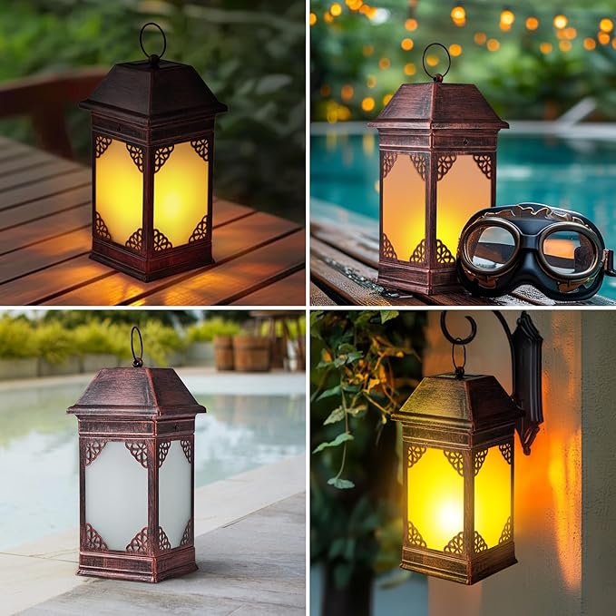 14" Solar Lanterns Outdoor Waterproof, Glass Flickering Flame Solar Lantern, Hanging Metal Lantern Decorative for Patio Front Porch Garden Backyard Tabletop Party Decoration-VerdiqueGarden