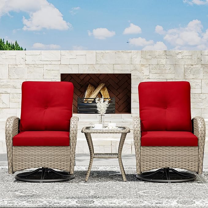 Joyside Outdoor Swivel Rocker Chairs, 3 Piece Wicker Patio Set with Thick Cushion and Side Table, Rattan Patio Swivel Rocking Chairs for Porch, Deck Use (Natural/Red, 3 PCS)-VerdiqueGarden