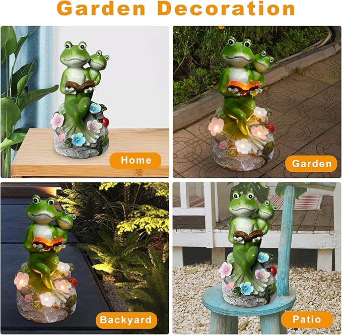 Frog Garden Statue,Frog Garden Decor,Solar Frog Statue Sitting on a Stone Reading a Book with 5 LEDs for Lawn Patio Yard Porch Decoration, Outdoor Garden Decor, yijiayi-008-VerdiqueGarden